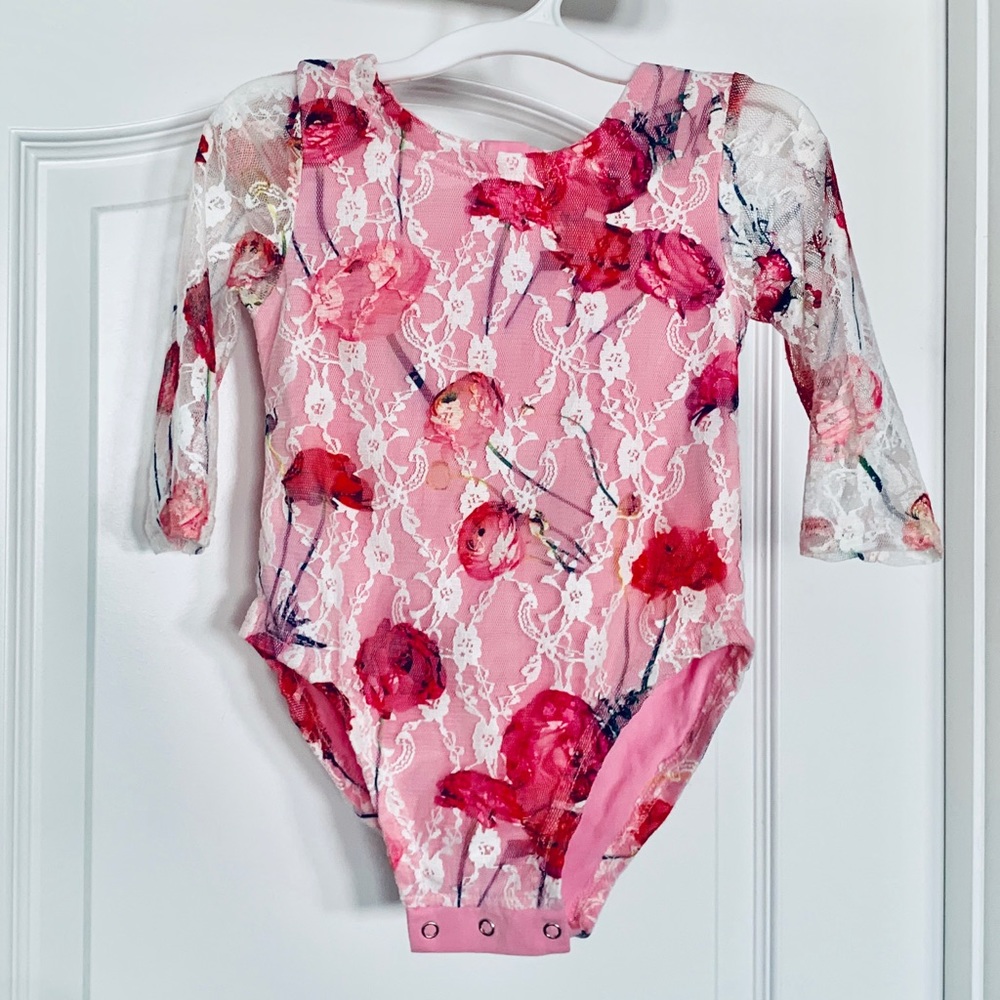 EUC Belle Vie GIRLS Pink Floral Lace Bodysuit sz 4